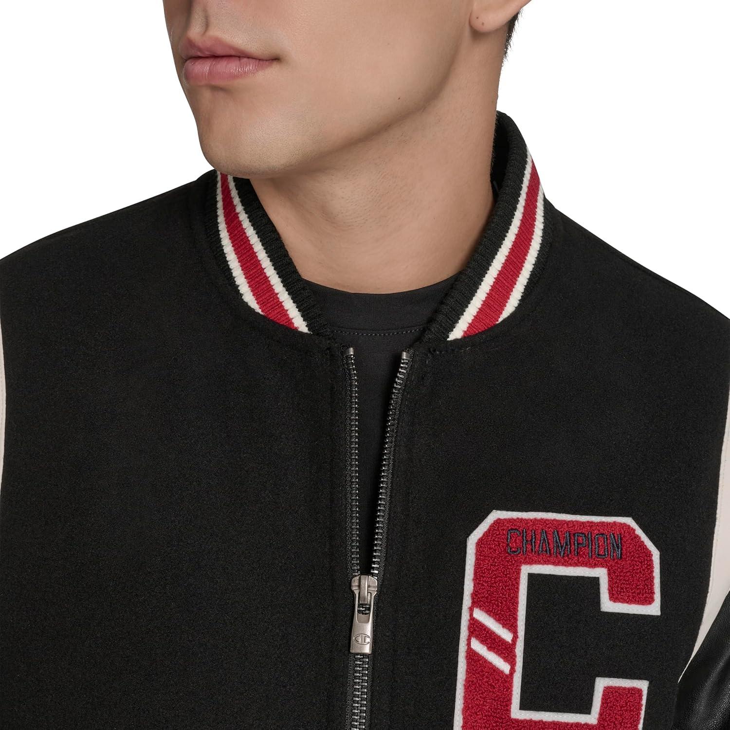 imageChampion mens Letterman Varsity Bomber Jacket With PatchesBlackRed