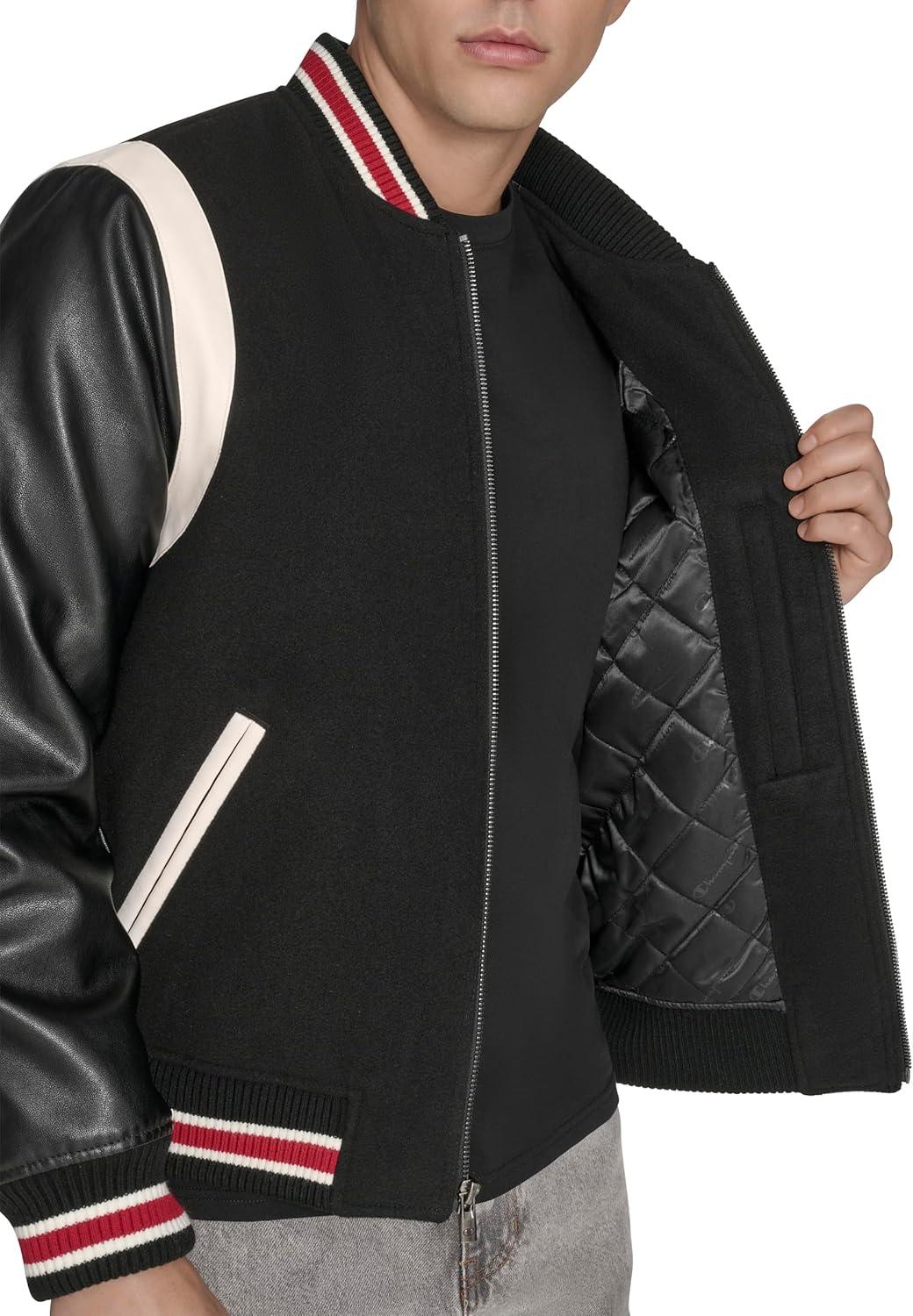 imageChampion mens Letterman Varsity Bomber Jacket With PatchesBlackRed