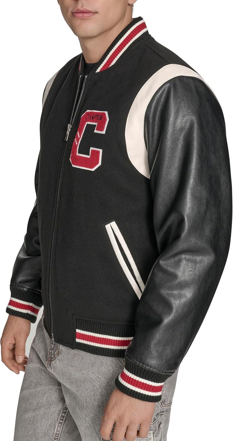 imageChampion mens Letterman Varsity Bomber Jacket With PatchesBlackRed