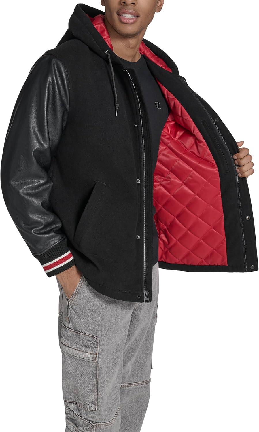 imageChampion mens Letterman Varsity Bomber Jacket With PatchesBlackRed With Hood