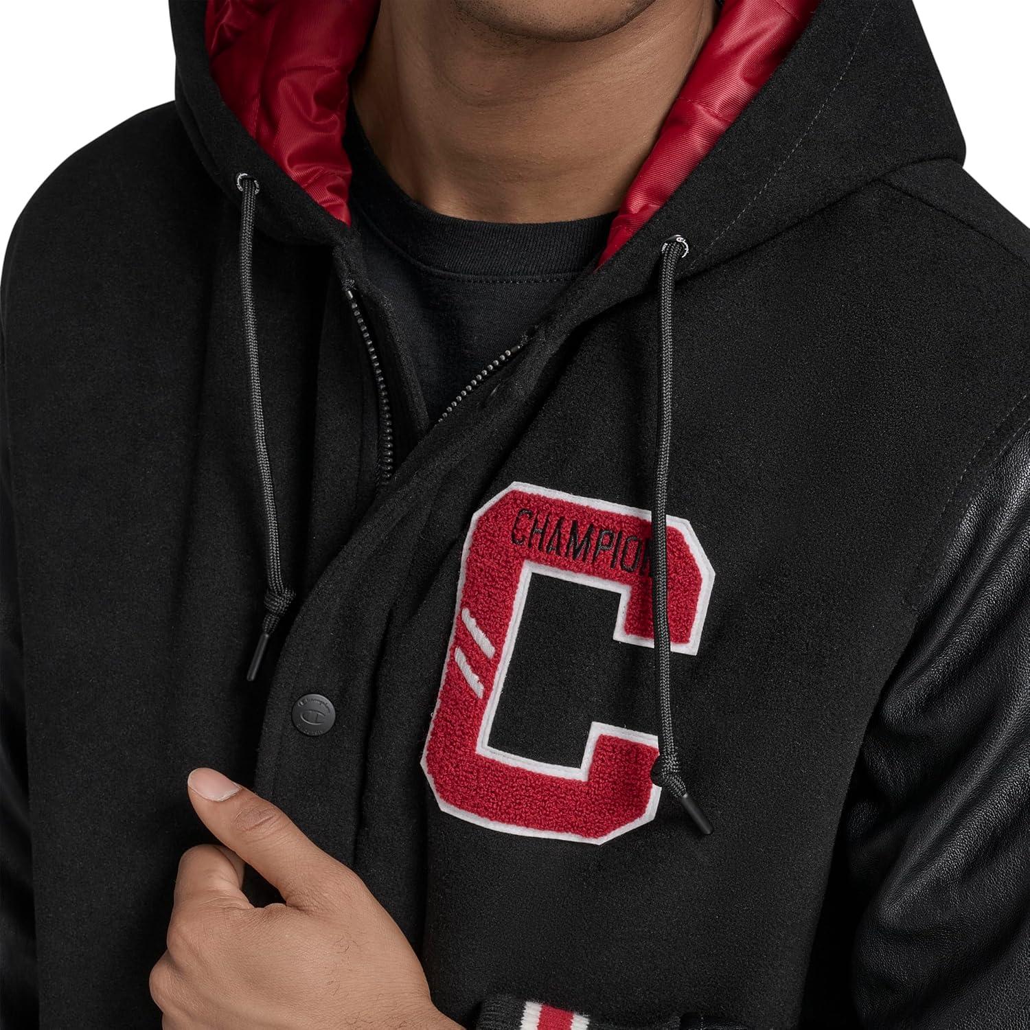 imageChampion mens Letterman Varsity Bomber Jacket With PatchesBlackRed With Hood