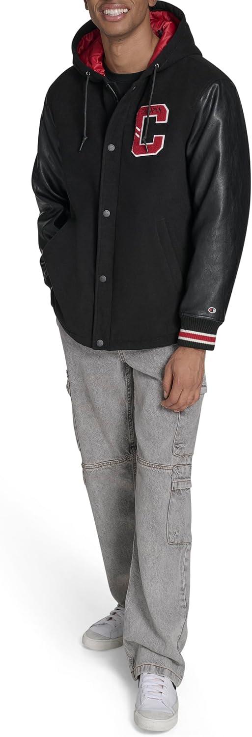 imageChampion mens Letterman Varsity Bomber Jacket With PatchesBlackRed With Hood