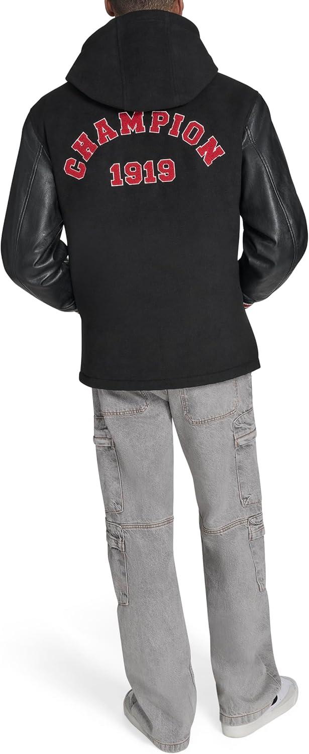 imageChampion mens Letterman Varsity Bomber Jacket With PatchesBlackRed With Hood