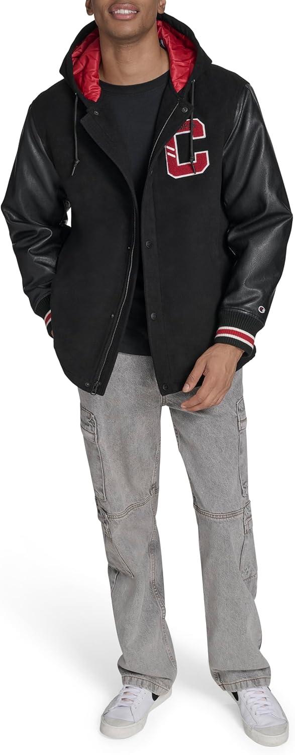 imageChampion mens Letterman Varsity Bomber Jacket With PatchesBlackRed With Hood