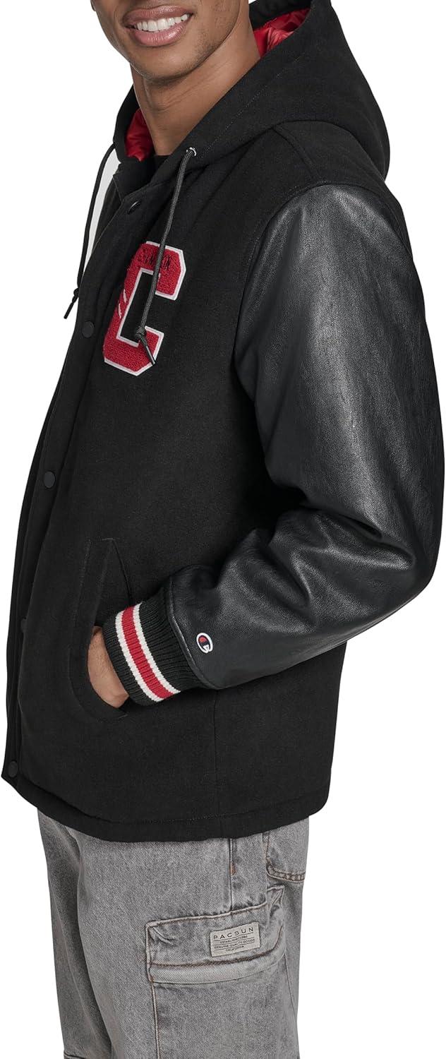 imageChampion mens Letterman Varsity Bomber Jacket With PatchesBlackRed With Hood