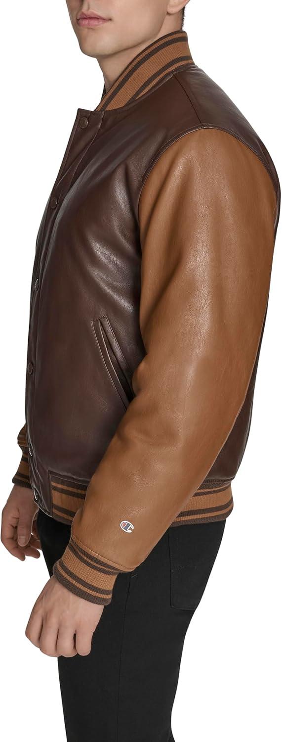 imageChampion mens Letterman Varsity Bomber Jacket With PatchesBrown Faux Leather