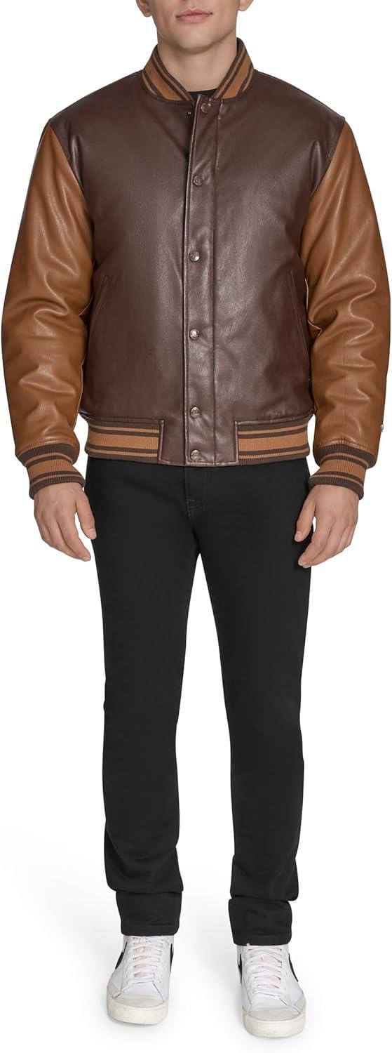 imageChampion mens Letterman Varsity Bomber Jacket With PatchesBrown Faux Leather