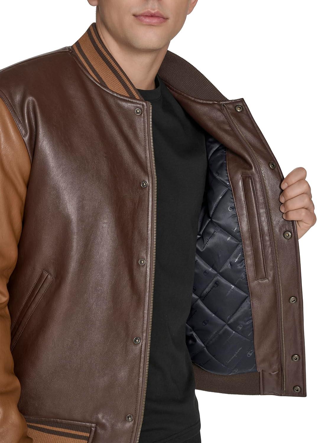 imageChampion mens Letterman Varsity Bomber Jacket With PatchesBrown Faux Leather
