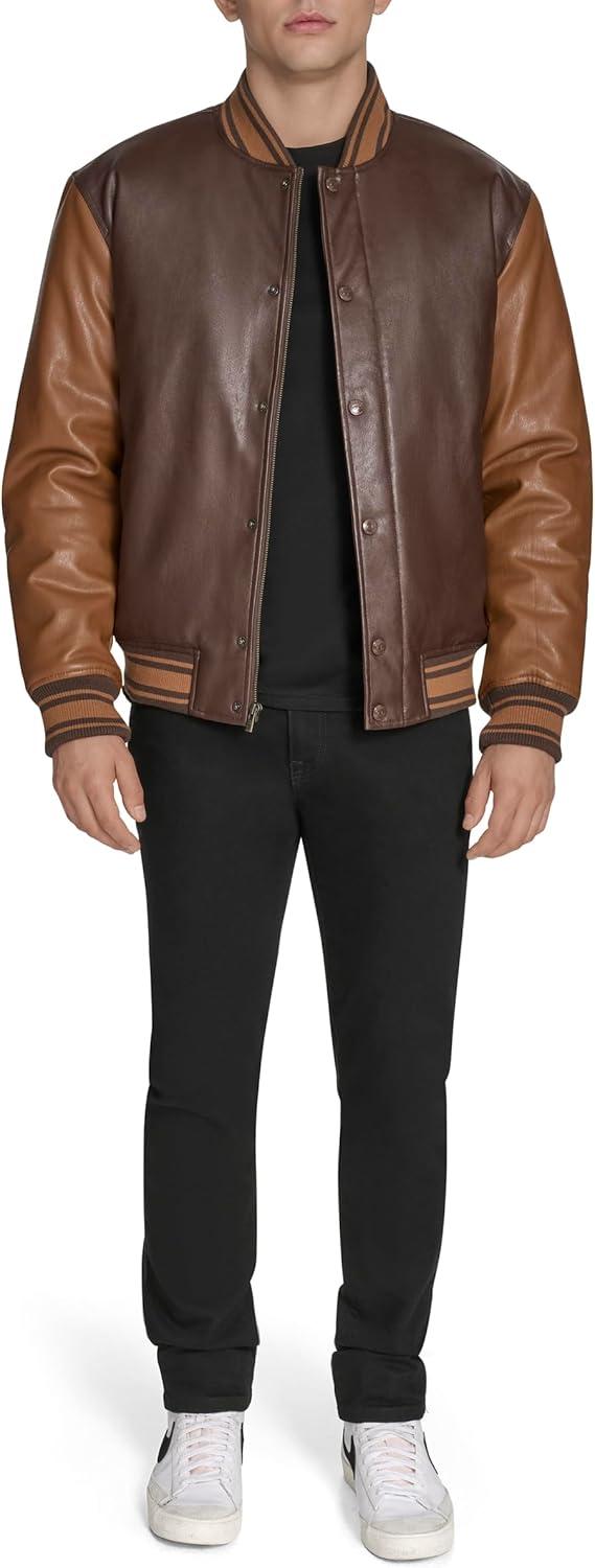imageChampion mens Letterman Varsity Bomber Jacket With PatchesBrown Faux Leather
