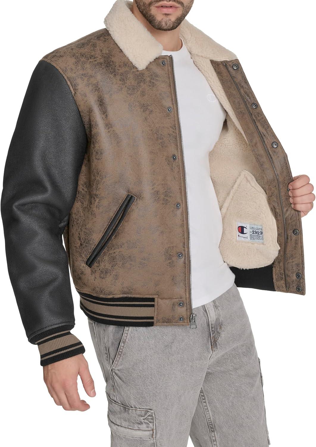 imageChampion mens Letterman Varsity Bomber Jacket With PatchesBrown Faux Shearling