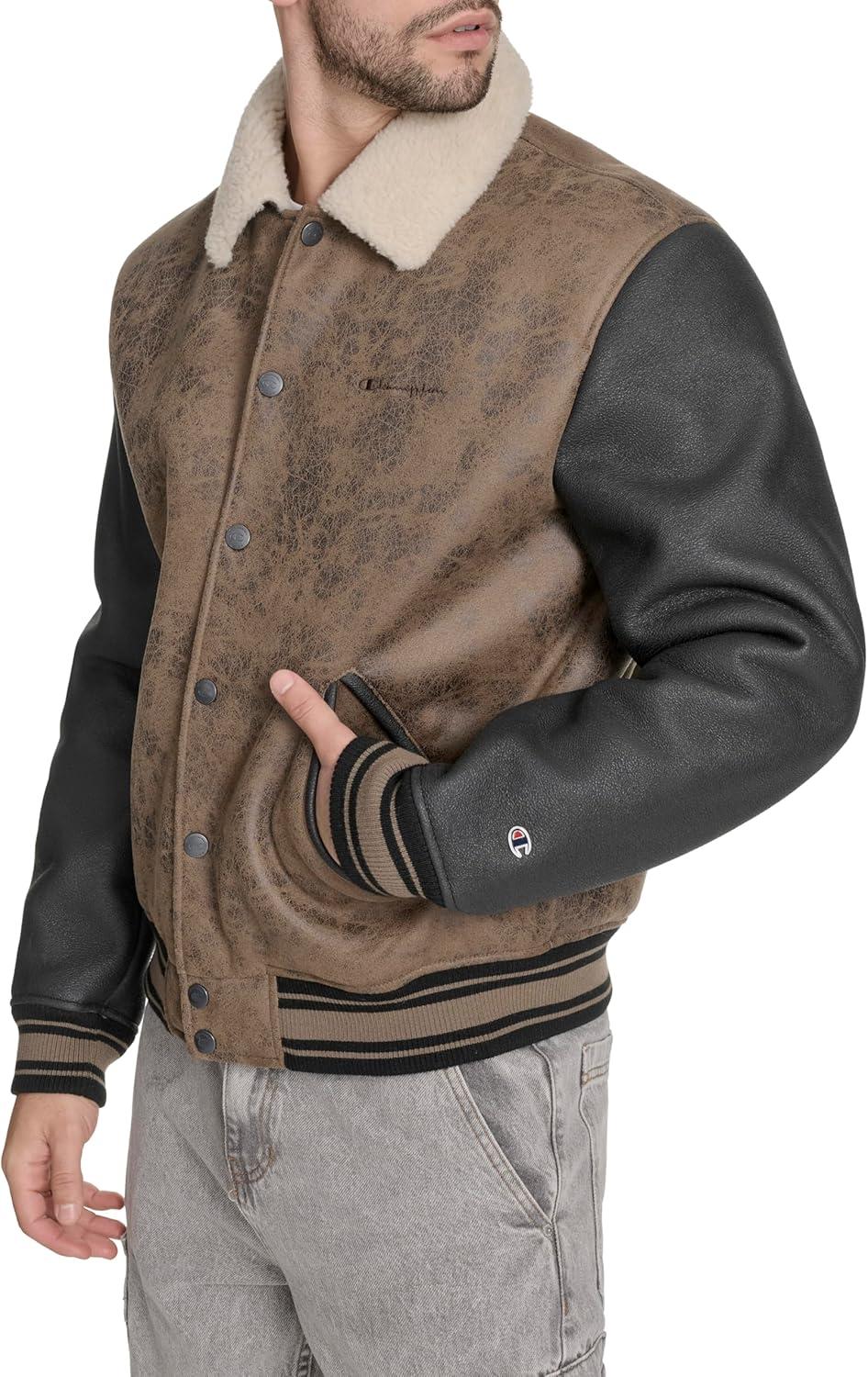 imageChampion mens Letterman Varsity Bomber Jacket With PatchesBrown Faux Shearling