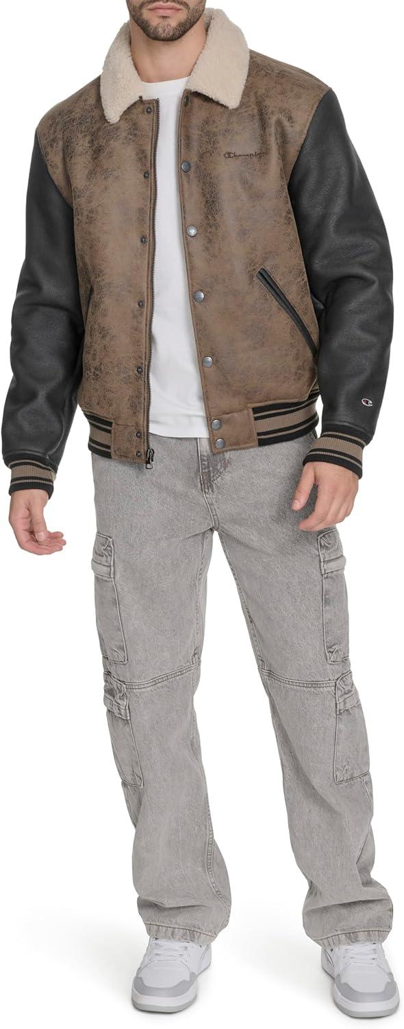 imageChampion mens Letterman Varsity Bomber Jacket With PatchesBrown Faux Shearling