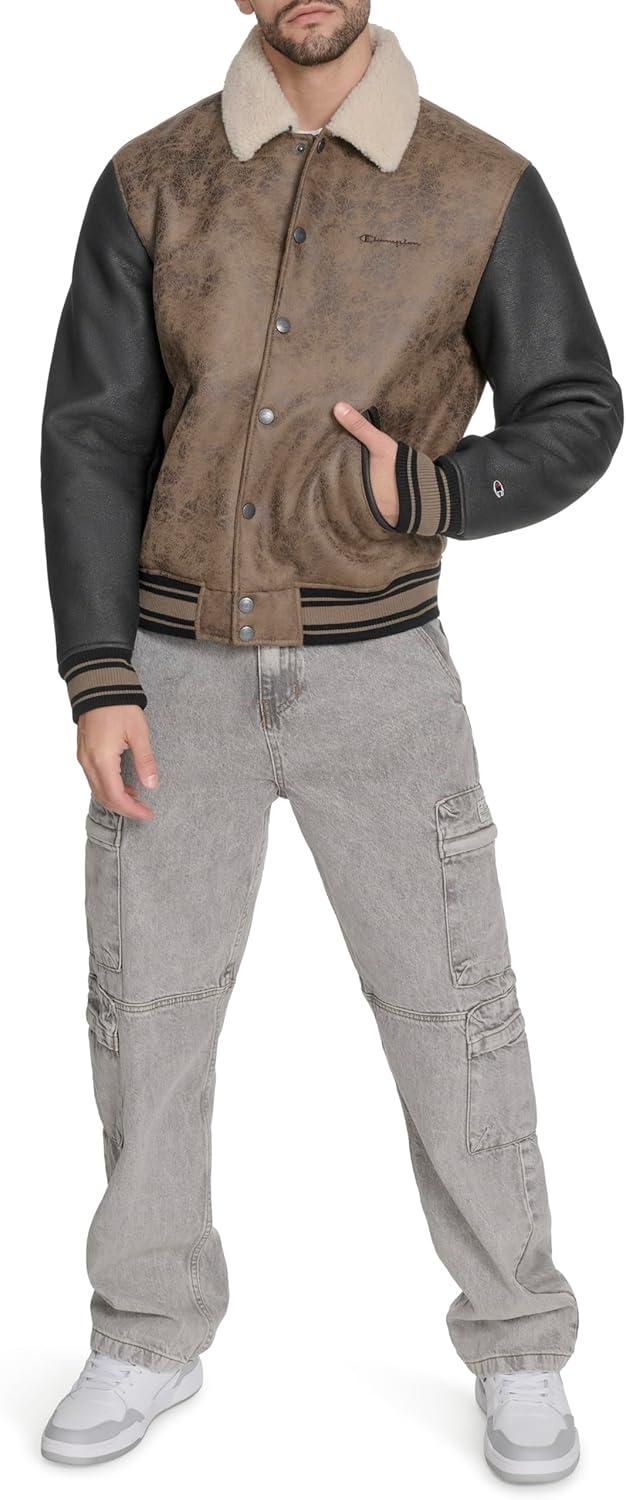imageChampion mens Letterman Varsity Bomber Jacket With PatchesBrown Faux Shearling