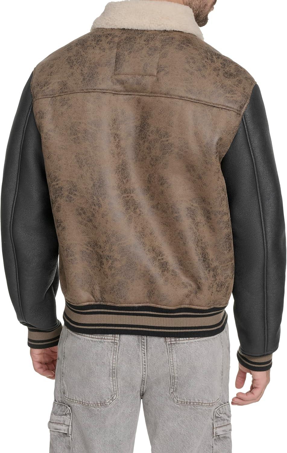 imageChampion mens Letterman Varsity Bomber Jacket With PatchesBrown Faux Shearling