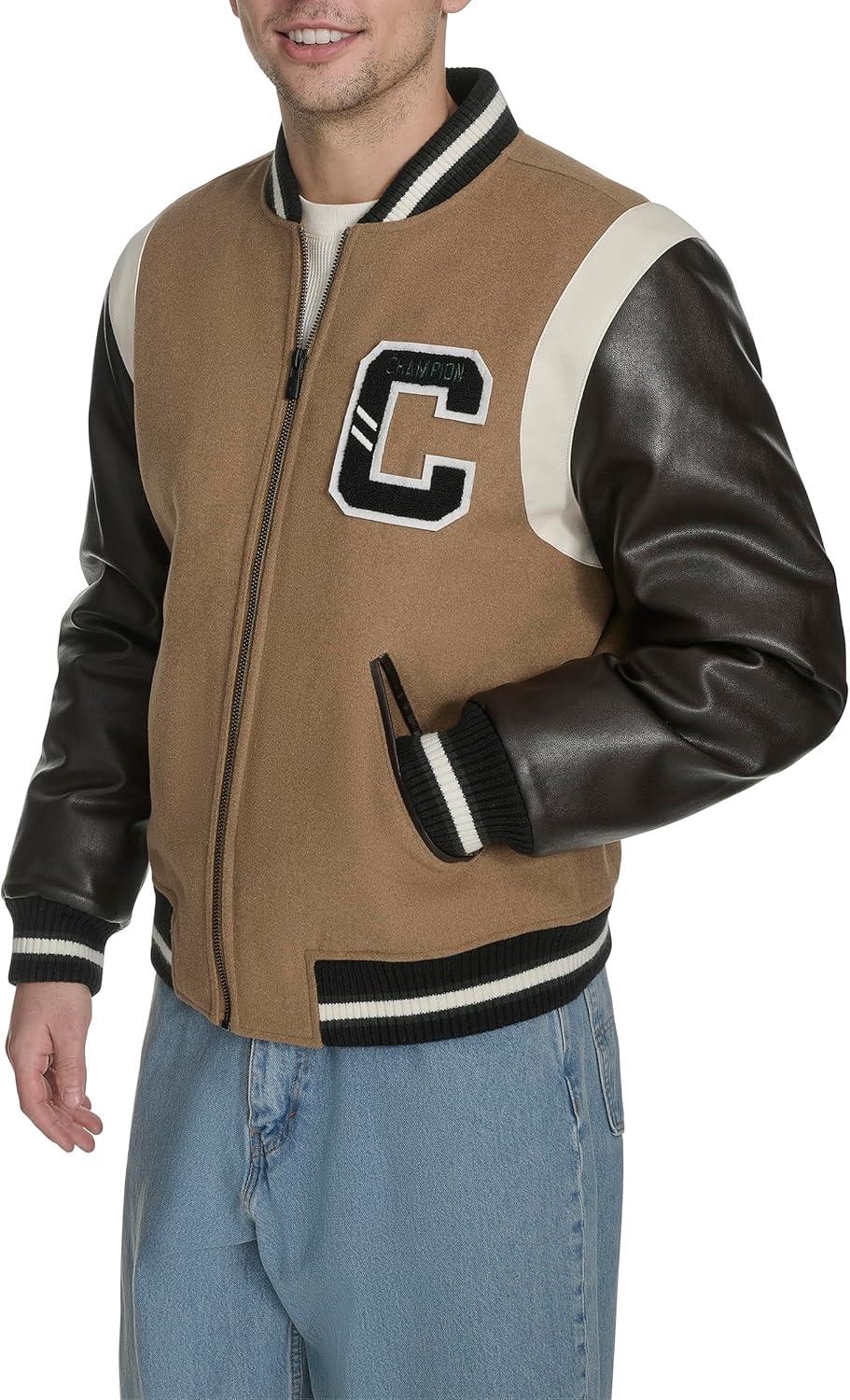 imageChampion mens Letterman Varsity Bomber Jacket With PatchesCamelBrown