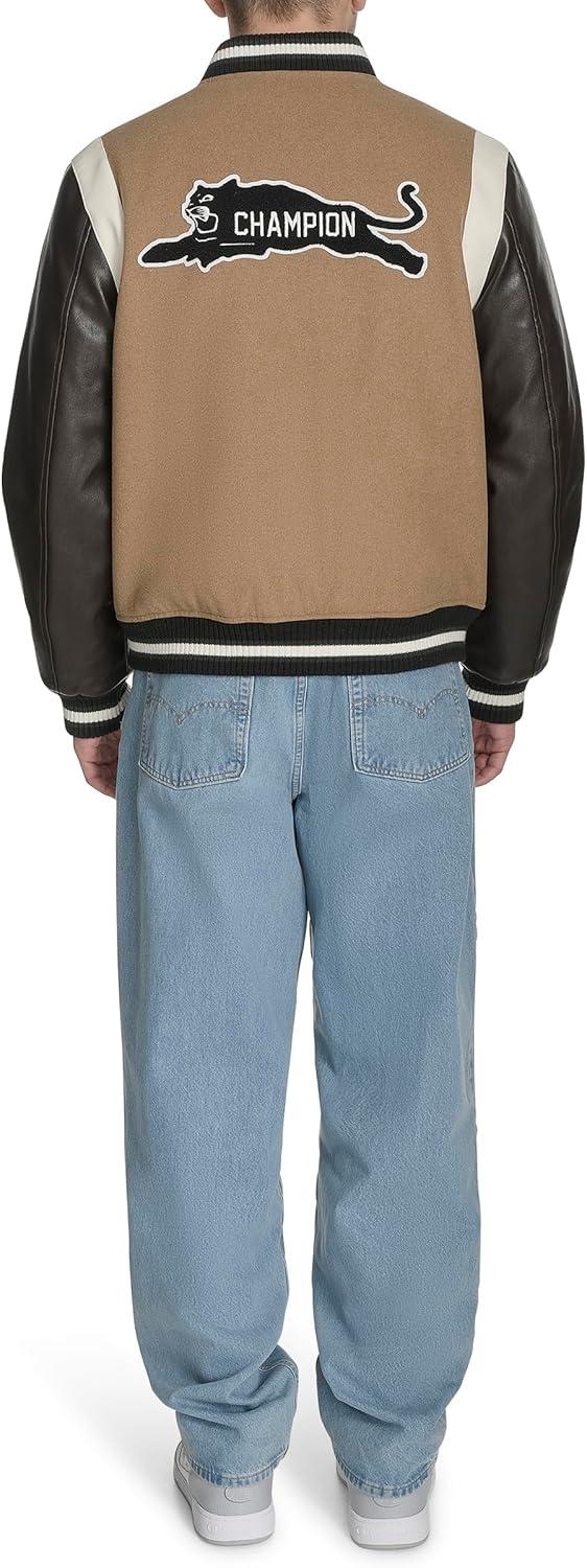 imageChampion mens Letterman Varsity Bomber Jacket With PatchesCamelBrown