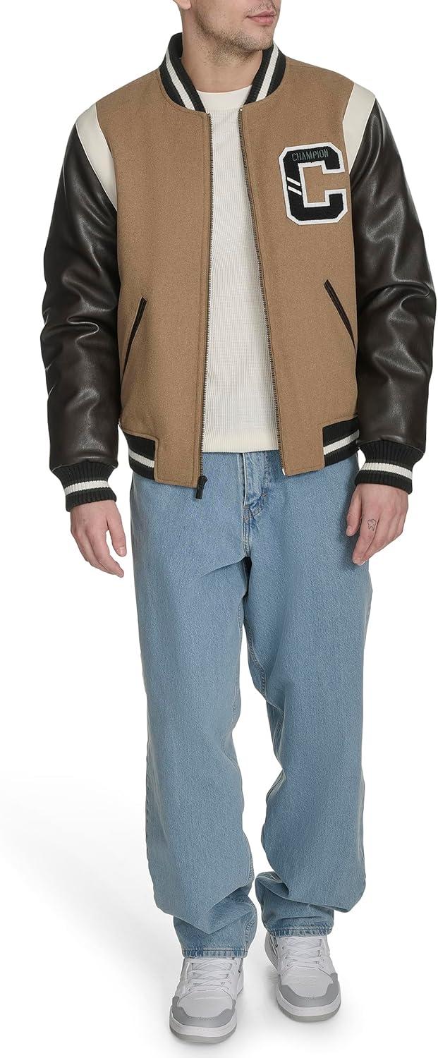 imageChampion mens Letterman Varsity Bomber Jacket With PatchesCamelBrown