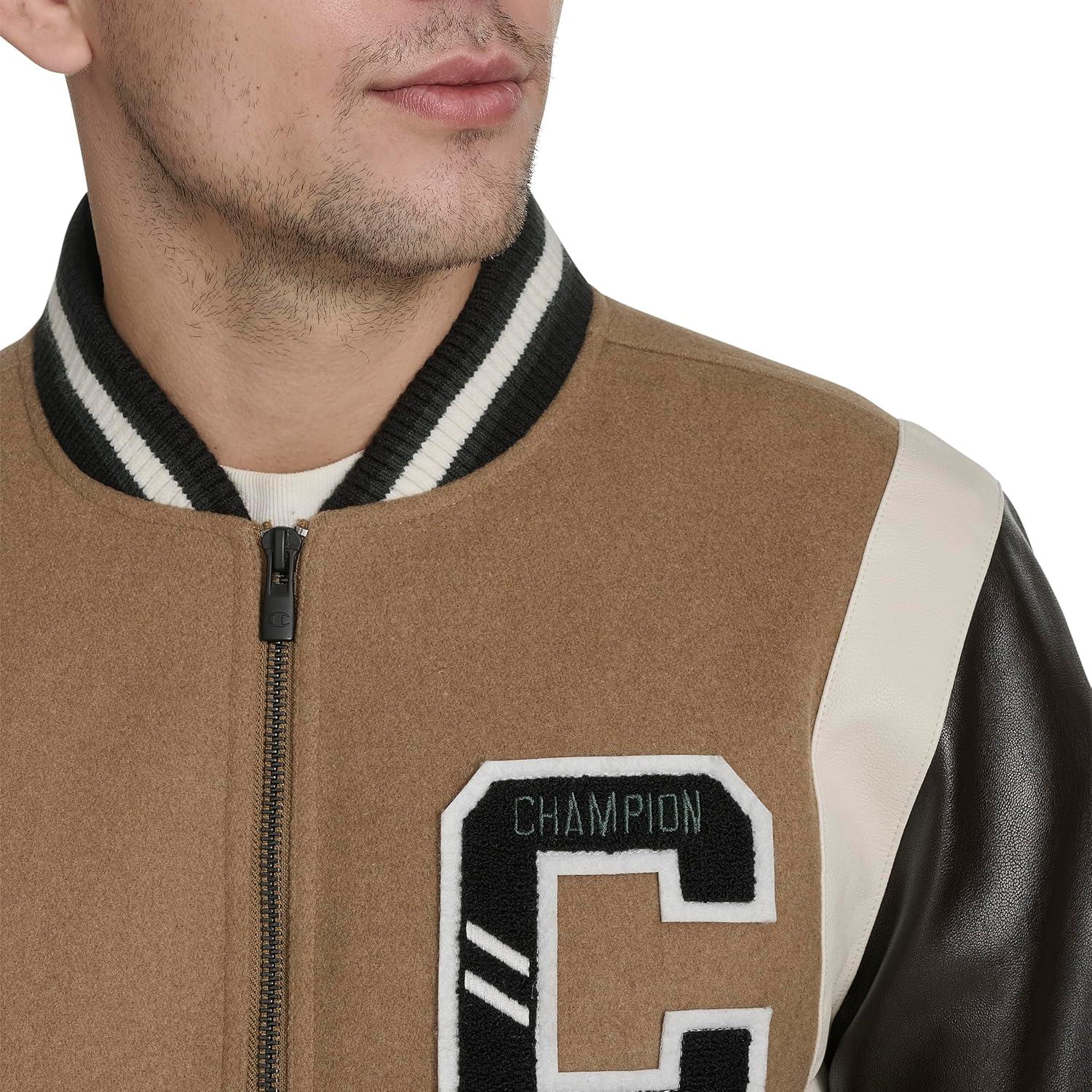 imageChampion mens Letterman Varsity Bomber Jacket With PatchesCamelBrown