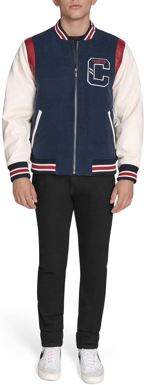 imageChampion mens Letterman Varsity Bomber Jacket With PatchesNavyIvory