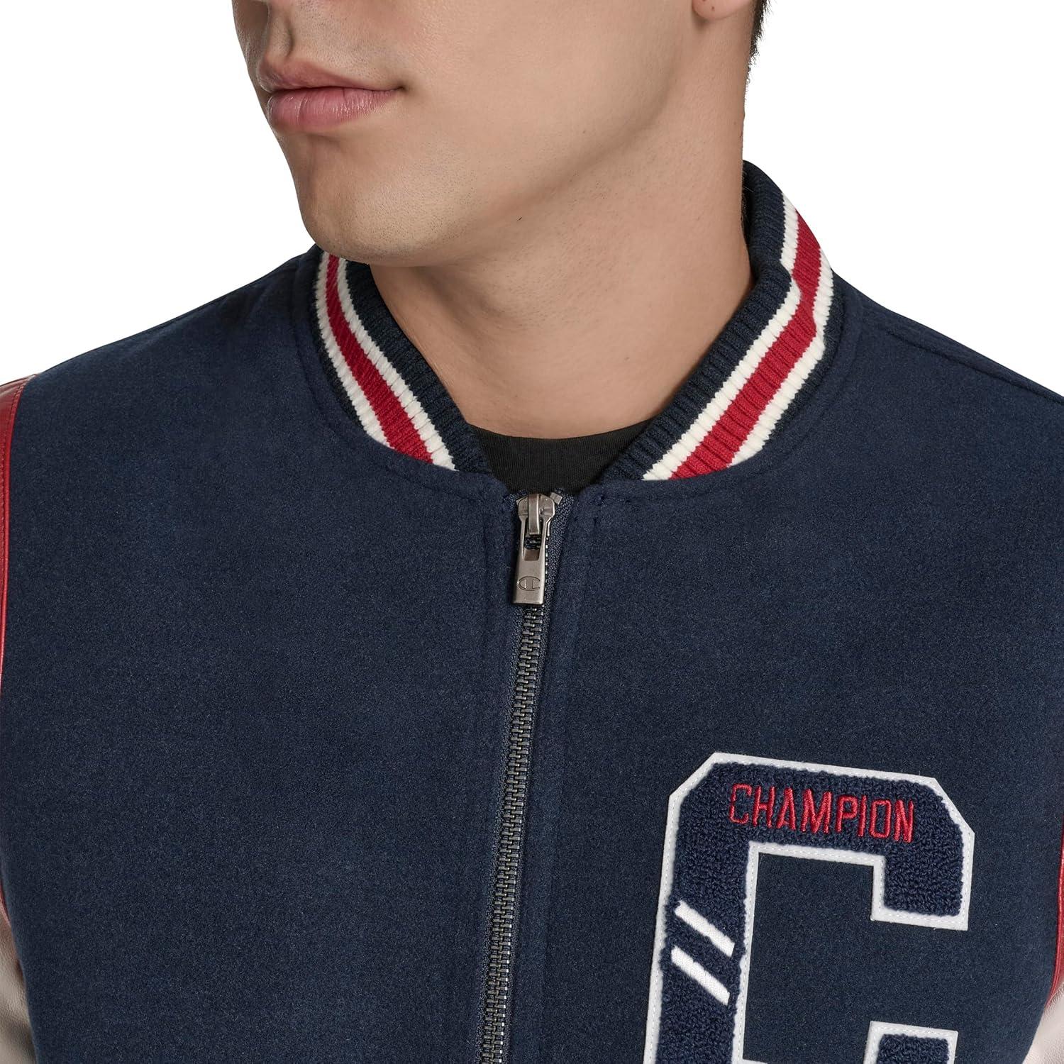 imageChampion mens Letterman Varsity Bomber Jacket With PatchesNavyIvory