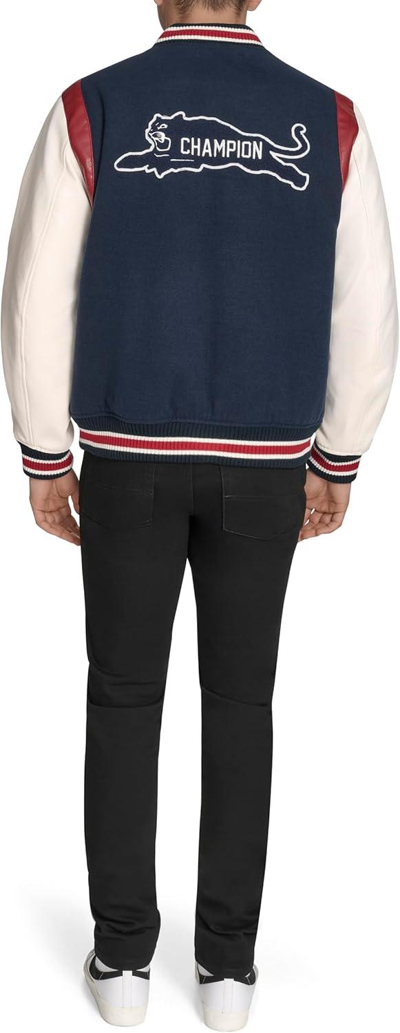 imageChampion mens Letterman Varsity Bomber Jacket With PatchesNavyIvory