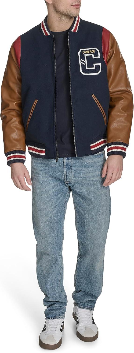 imageChampion mens Letterman Varsity Bomber Jacket With PatchesNavyMustard