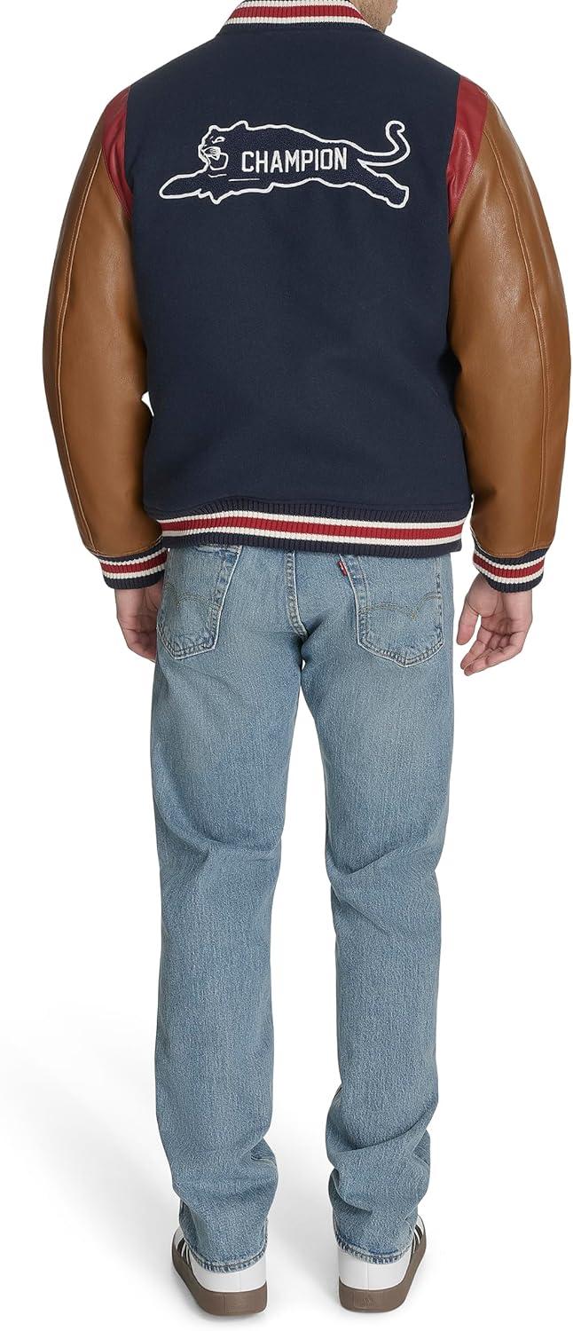 imageChampion mens Letterman Varsity Bomber Jacket With PatchesNavyMustard