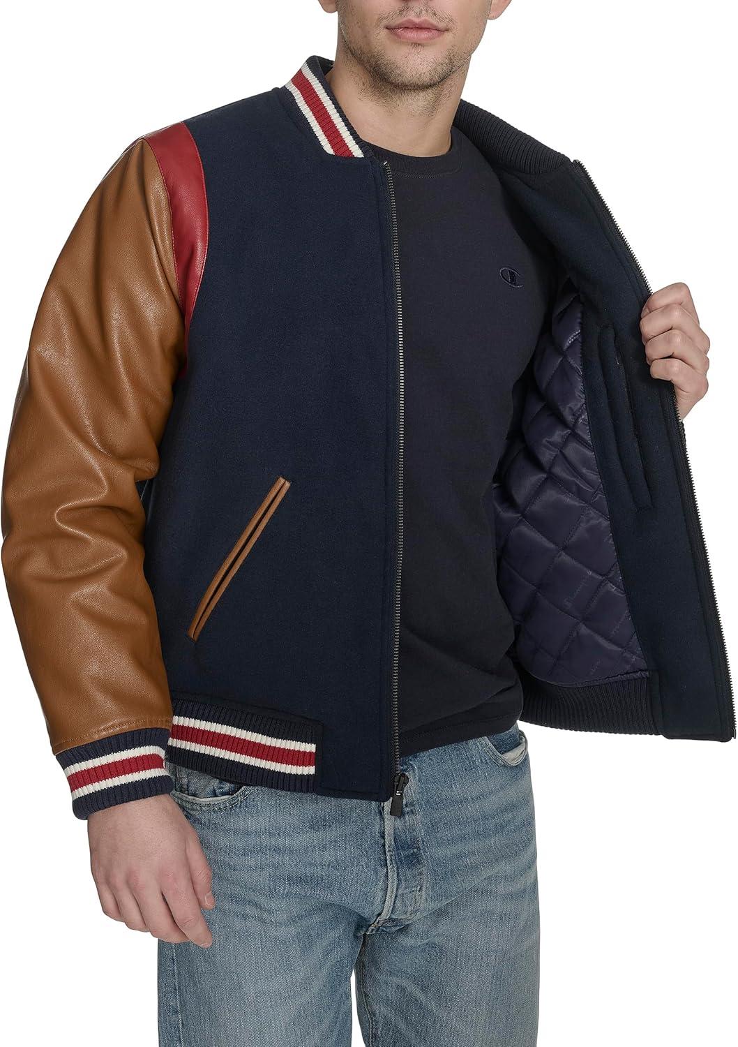 imageChampion mens Letterman Varsity Bomber Jacket With PatchesNavyMustard