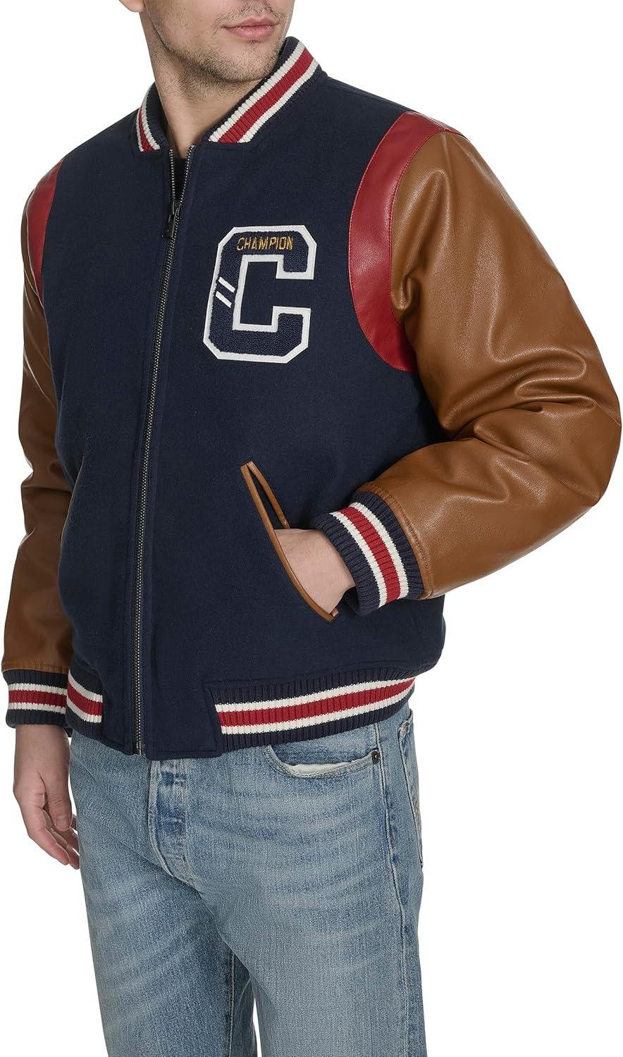 imageChampion mens Letterman Varsity Bomber Jacket With PatchesNavyMustard