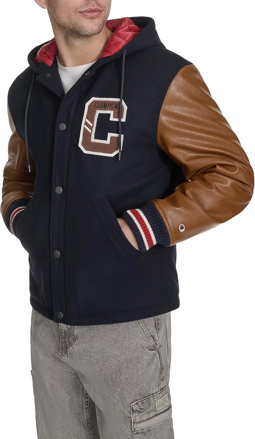 imageChampion mens Letterman Varsity Bomber Jacket With PatchesNavyMustard With Hood