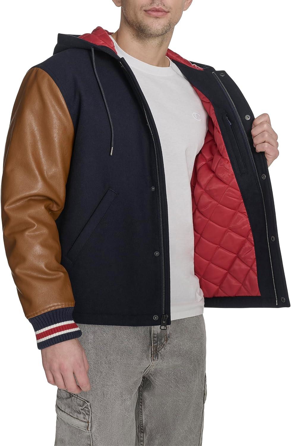 imageChampion mens Letterman Varsity Bomber Jacket With PatchesNavyMustard With Hood