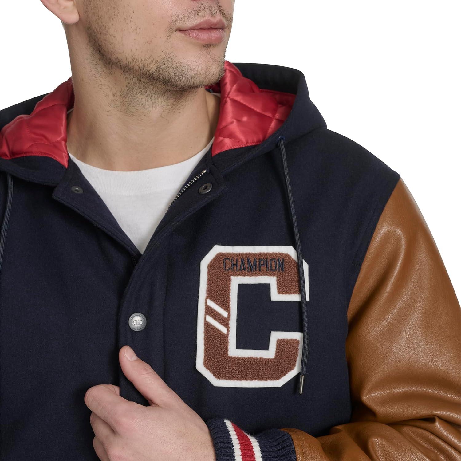imageChampion mens Letterman Varsity Bomber Jacket With PatchesNavyMustard With Hood