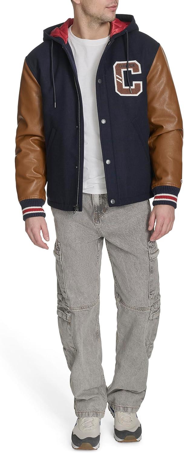 imageChampion mens Letterman Varsity Bomber Jacket With PatchesNavyMustard With Hood