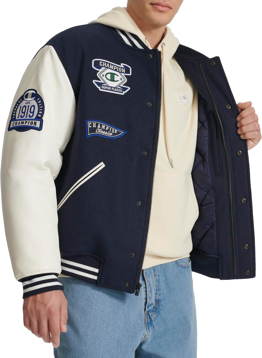 imageChampion mens Letterman Varsity Bomber Jacket With PatchesNavyWhite