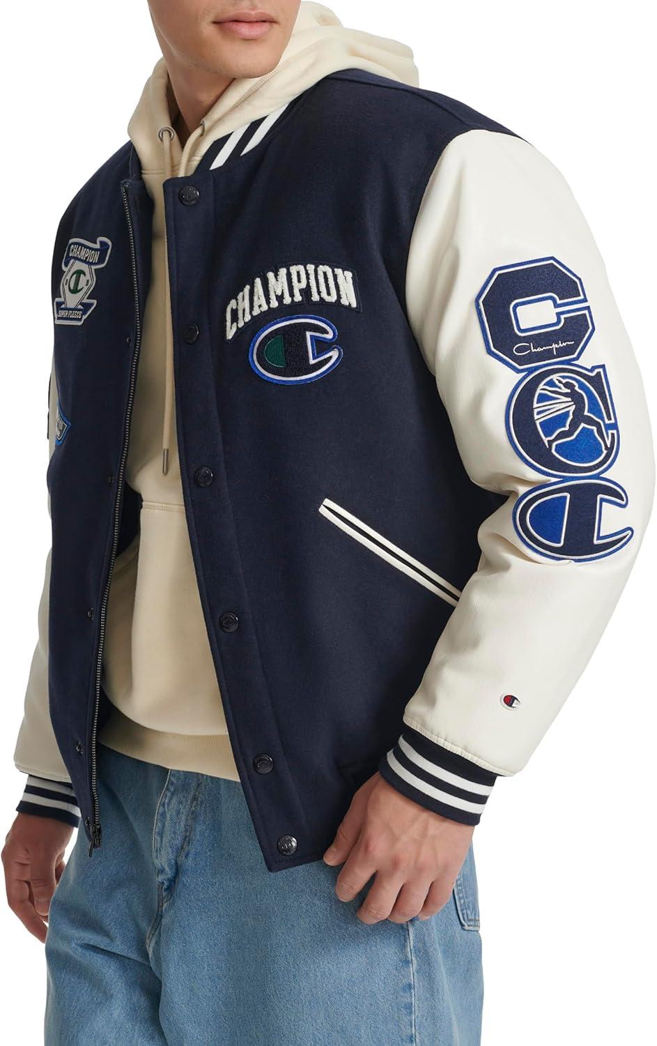 imageChampion mens Letterman Varsity Bomber Jacket With PatchesNavyWhite