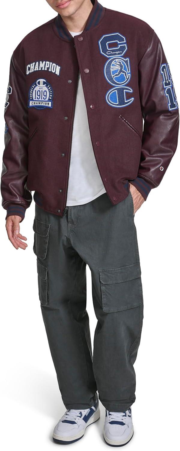 imageChampion mens Letterman Varsity Bomber Jacket With PatchesWine