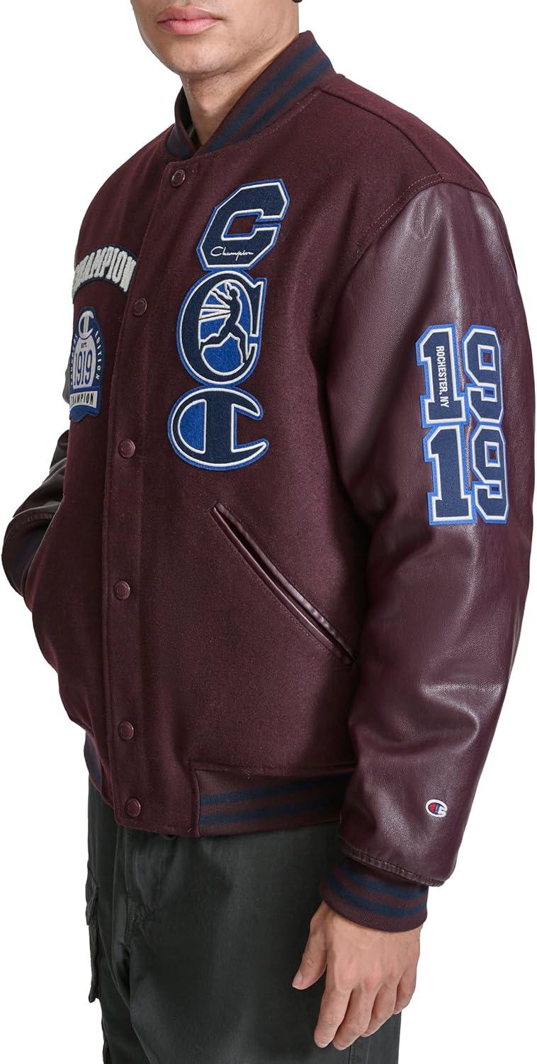 imageChampion mens Letterman Varsity Bomber Jacket With PatchesWine