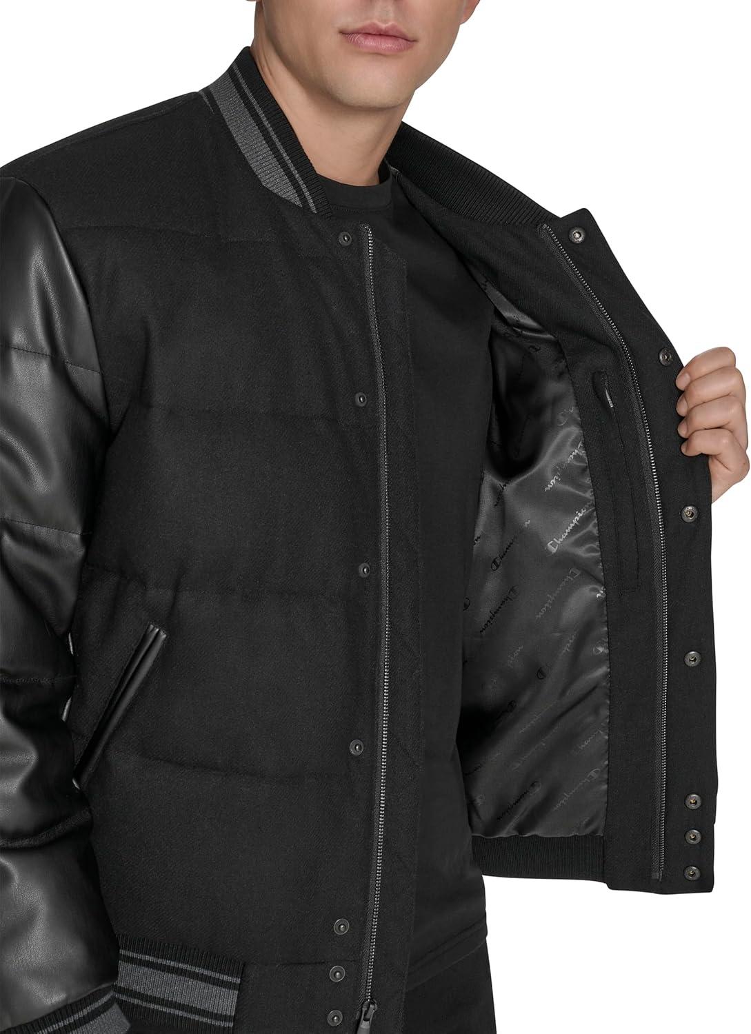 imageChampion mens Varsity Bomber Puffer JacketBlack Faux Leather