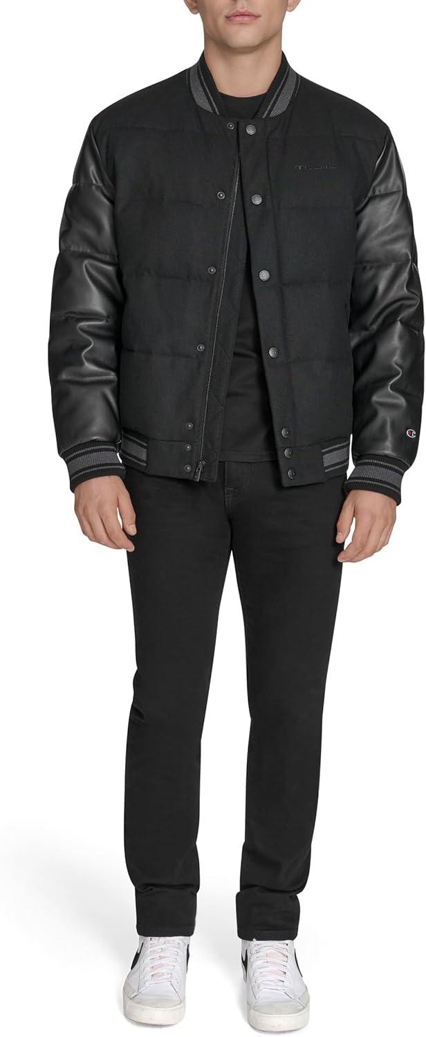 imageChampion mens Varsity Bomber Puffer JacketBlack Faux Leather