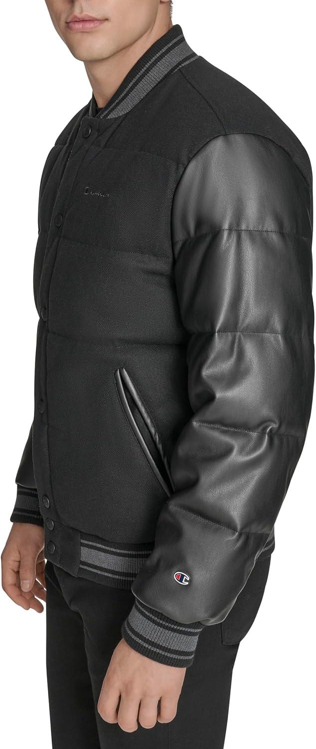imageChampion mens Varsity Bomber Puffer JacketBlack Faux Leather