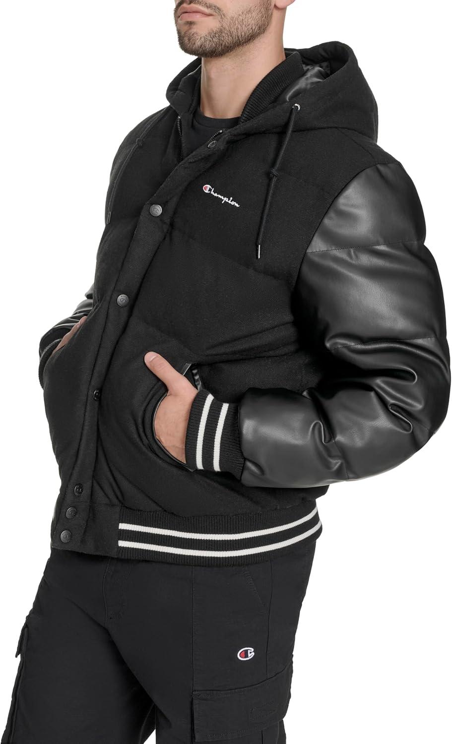 imageChampion mens Varsity Bomber Puffer JacketBlack Wool Hoody