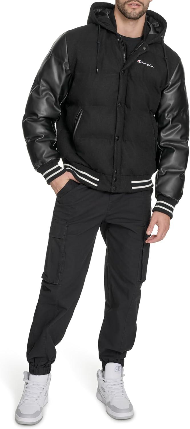 imageChampion mens Varsity Bomber Puffer JacketBlack Wool Hoody