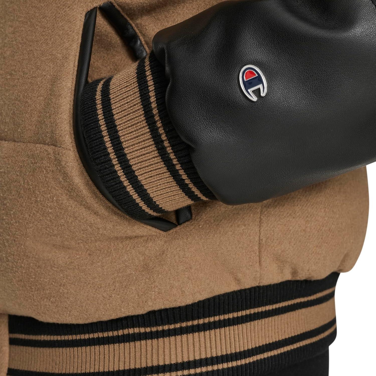 imageChampion mens Varsity Bomber Puffer JacketCamelBlack Faux Leather