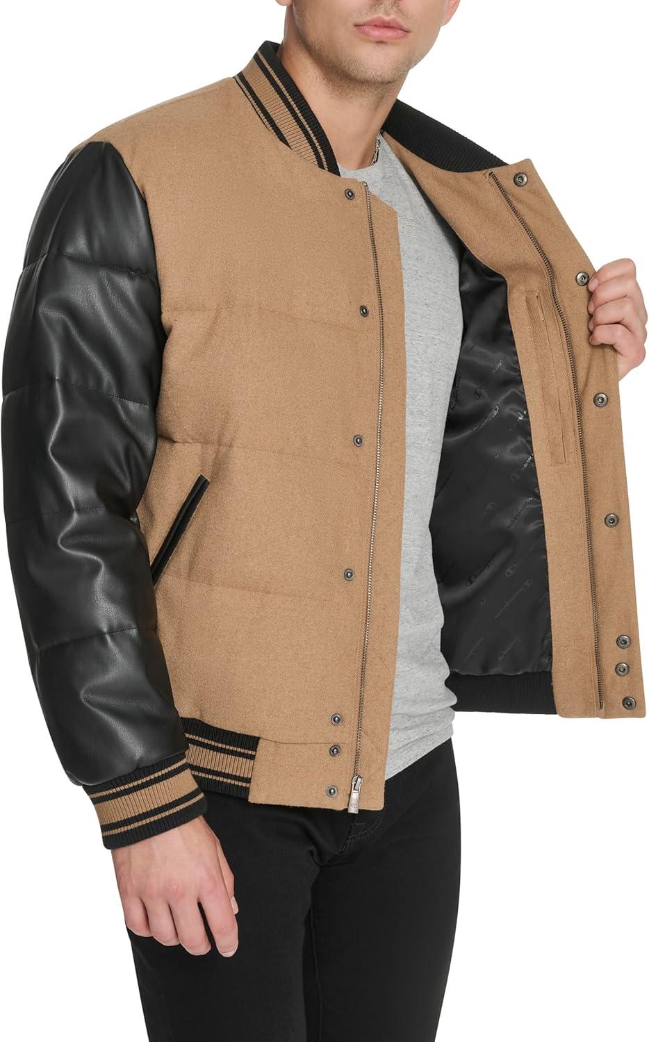 imageChampion mens Varsity Bomber Puffer JacketCamelBlack Faux Leather