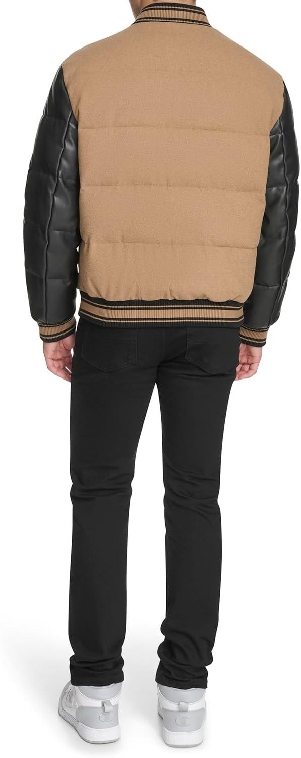 imageChampion mens Varsity Bomber Puffer JacketCamelBlack Faux Leather