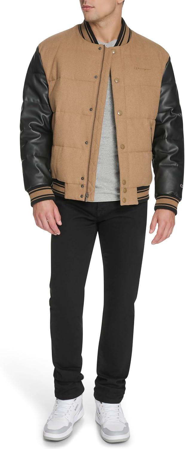 imageChampion mens Varsity Bomber Puffer JacketCamelBlack Faux Leather