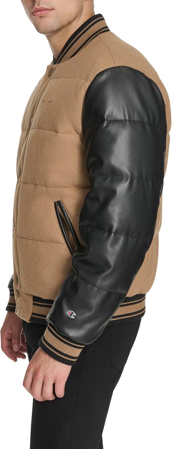 imageChampion mens Varsity Bomber Puffer JacketCamelBlack Faux Leather