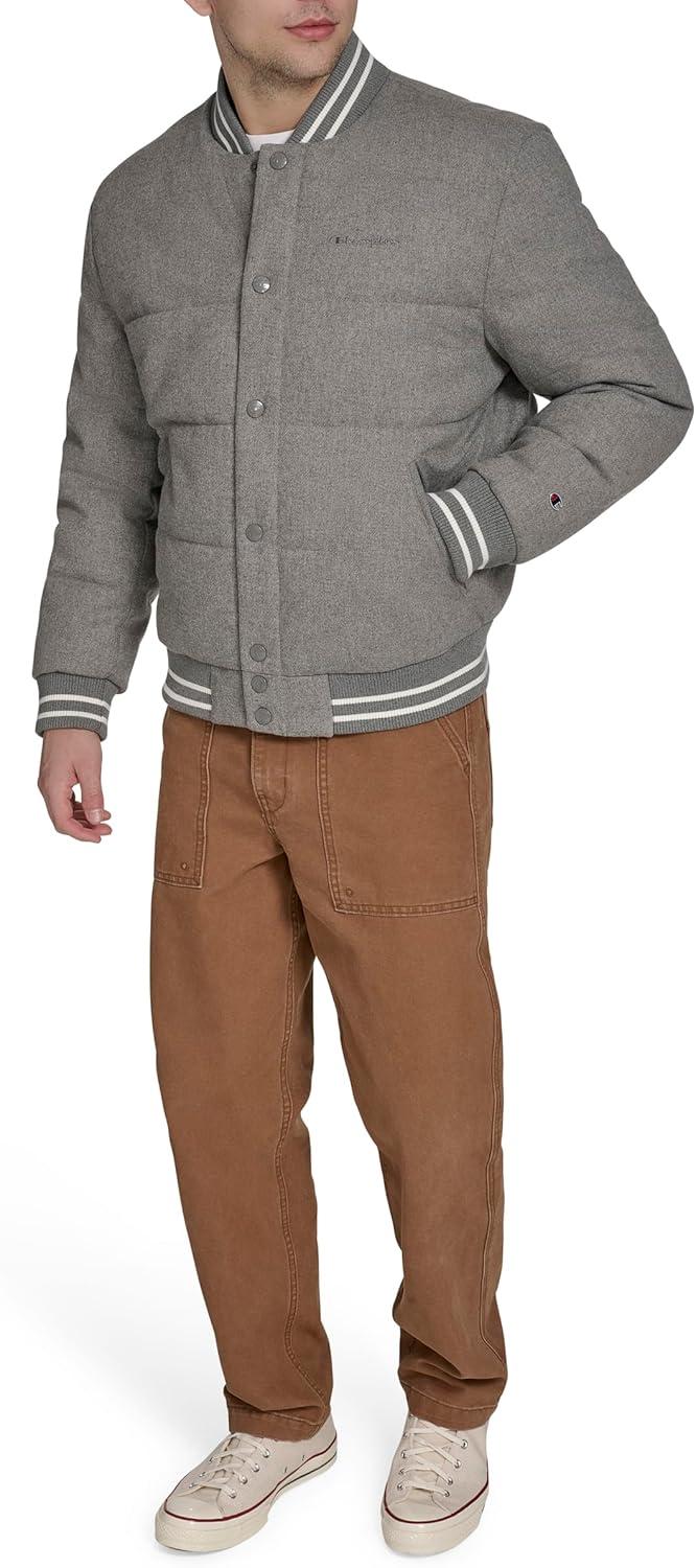 imageChampion mens Varsity Bomber Puffer JacketHeather Grey Wool