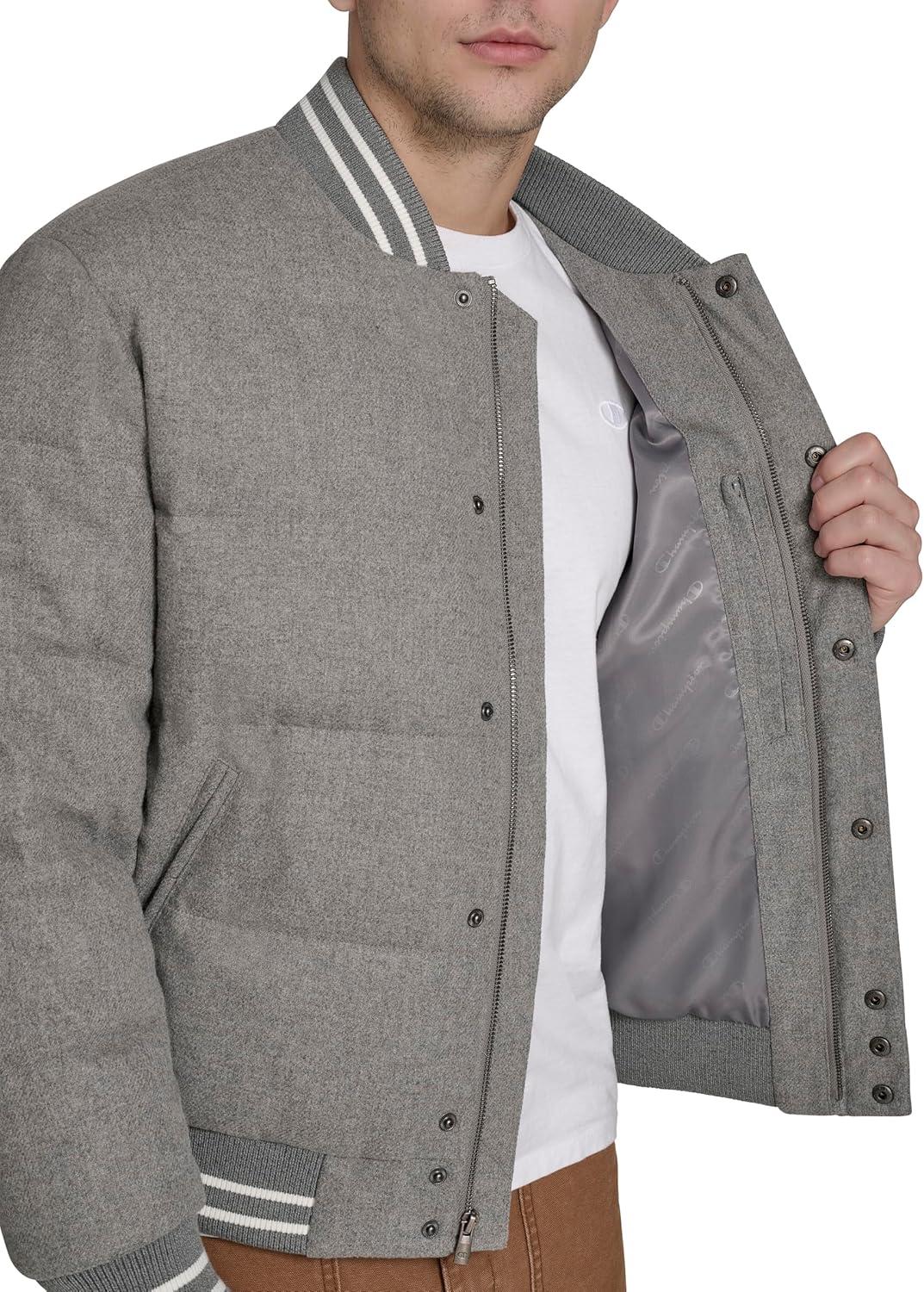 imageChampion mens Varsity Bomber Puffer JacketHeather Grey Wool