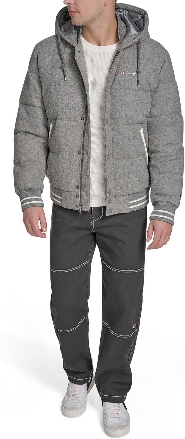imageChampion mens Varsity Bomber Puffer JacketHeather Grey Wool Hoody